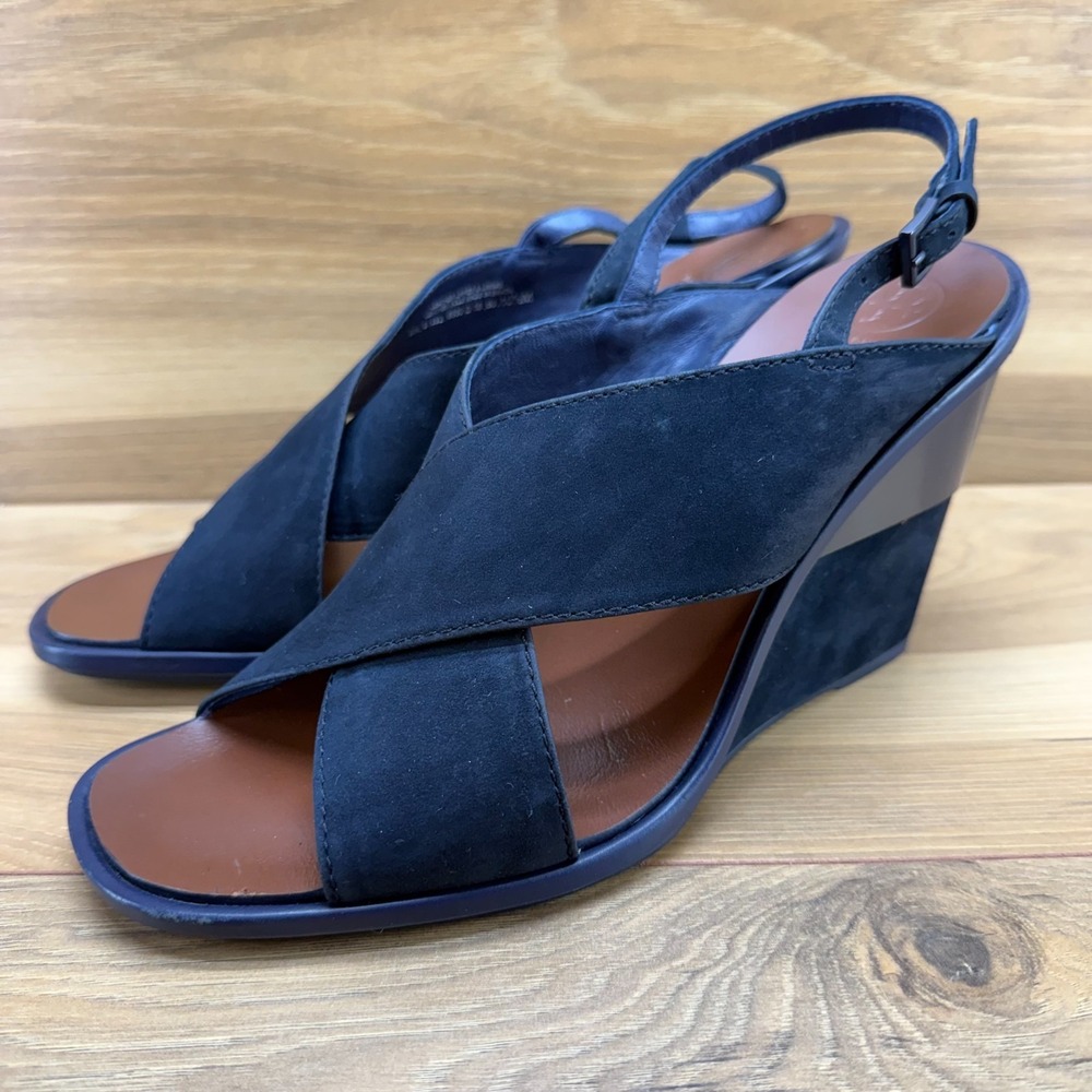 Tory Burch Gabrielle Wedge Slingback Sandals 10.5 M Navy Blue Suede Cross Strap - Picture 3 of 12